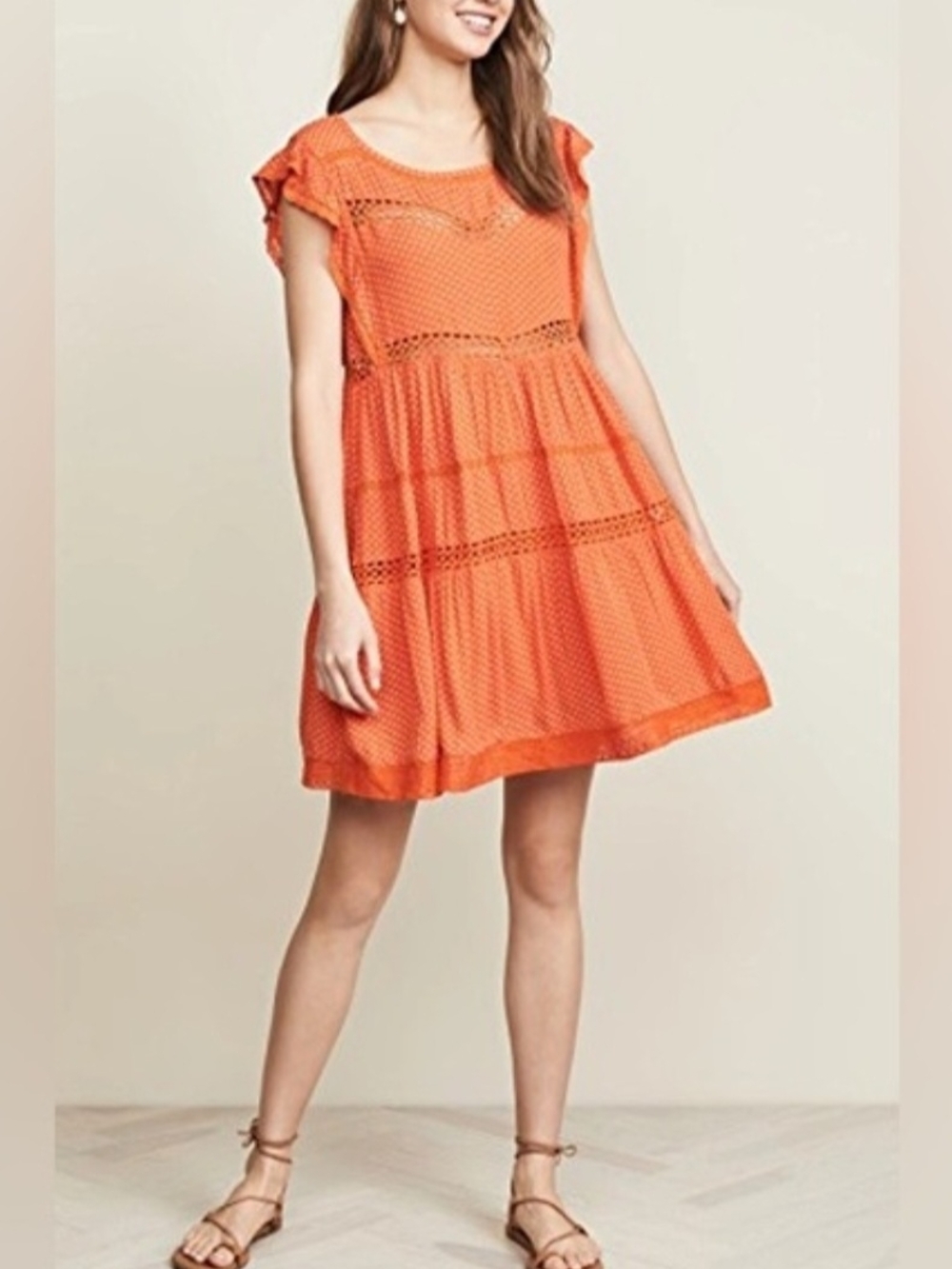 Free People Orange Floral Mini Dress with Crochet Details - Size S (Fits like M)